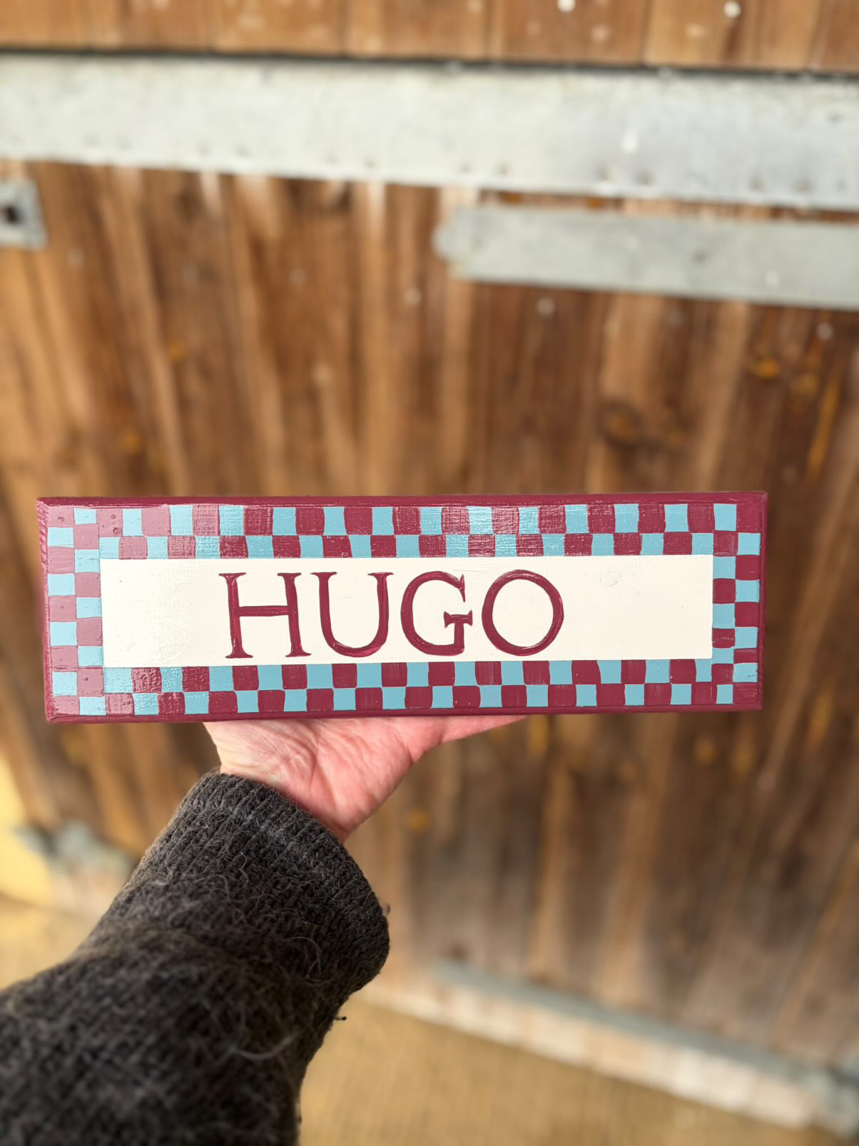 BLUE & RED CHECKERBOARD - NAME PLAQUE