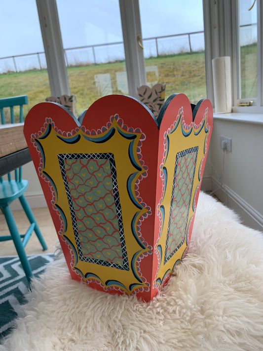 ‘SCALLOPS & PATTERN’ WASTEPAPER BIN IN CORAL & BLUE