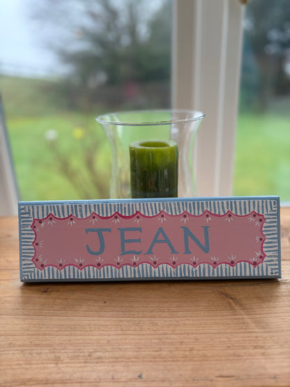 PINK WITH BLUE SCALLOPS - NAME PLAQUE